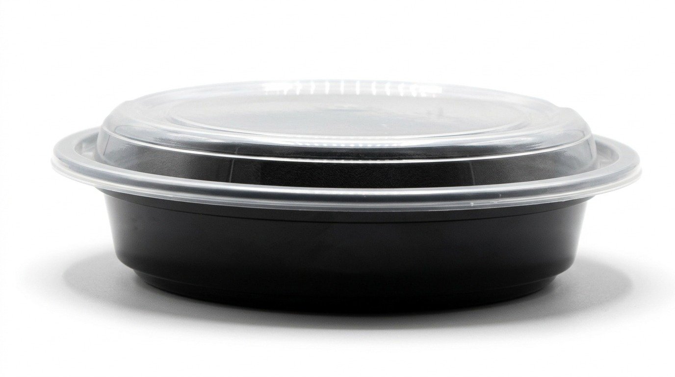 Round plastic microwave containers, black color, various sizes (50 packs) (48-32-24-16-12) ounce